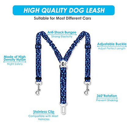 SlowTon Dog Seat Belt, Double Dog Seatbelt Adjustable Vehicle Safety Leash with Elastic Bungee Buffer, Reflective No Tangle Y Shape Two Dog Harness Seat Belt Splitter for Pets Car Trip (Blue Paws, S) - color: I.Blue Paws, size: 2 Small in 1