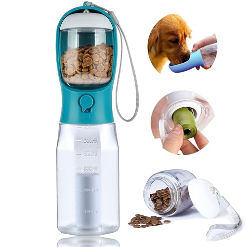 Dog Water Bottle with Food Container, Portable Pet Dog Water Dispenser for Outdoor Walking,Hiking,Travel,Puppy Essentials,Puppy Supplies,Replaceable Waste Bags - color: indigo green, size: 20oz