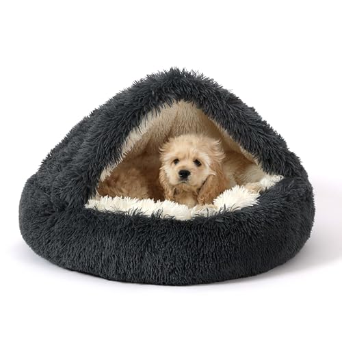NOYAL Round Hooded Donut Dog Bed for Small & Medium Pets - Plush Fluffy Anti-Anxiety Cat Cave Bed with Cover - color: Dark grey, size: Small 19.6''