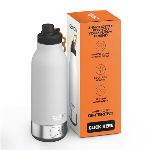 asobu Buddy Bottle a Stainless Steel Insulated Water Bottle for with Removable Dog Water Bowl and Dog Food and Treat Storage Bowl (White, 34 oz Water Bottle | 2 Bowls) - color: White