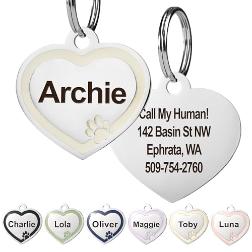 GoTags Stainless Steel Pet ID Heart Bone and Round Shaped Tags with Enamel Paw Design, Personalized Dog and Cat Tags, up to 5 Lines of Custom Text, Engraved on Both Sides (Cream, Small Heart) - color: Cream, size: Small Heart (Pack of 1)