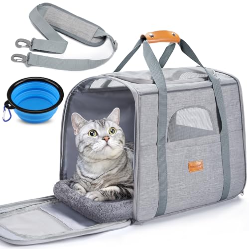 Morpilot Pet Travel Carrier Bag, Soft-Sided Dog Carrier Cat Carrier Pet Carrier, for Large Cats and Medium Puppies up to 25lbs, w/Locking Safety Zippers, Foldable Bowl (Light Gray) - color: Light Gray, size: 18.0"L x 12.5"W x 14.0"H