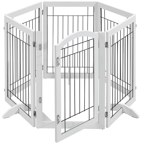Topeakmart Extra Wide Pet Gate 6 Panels Freestanding Dog Gate for Doorway Stairs Dog Fence with 3 Support Feet, White