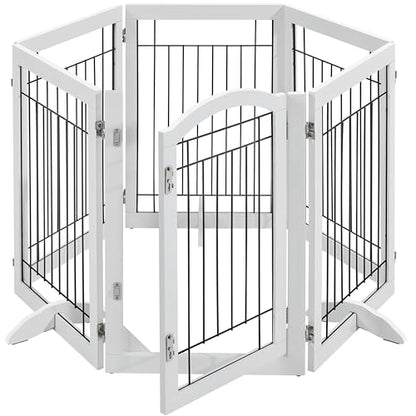 Topeakmart Extra Wide Pet Gate 6 Panels Freestanding Dog Gate for Doorway Stairs Dog Fence with 3 Support Feet, White