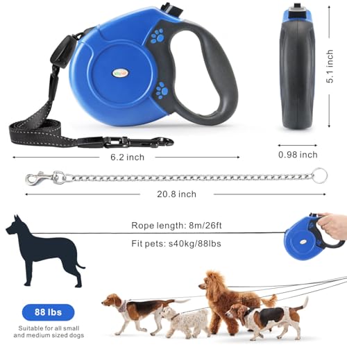 Idepet Heavy Duty Retractable Dog Leash for Small and Medium Dogs, Anti-Chewing Steel Chain Design,360 DegreeTangle-Free,Break and Lock System,26ft Leash Dog Walking (Blue, Round Rope) - color: Blue