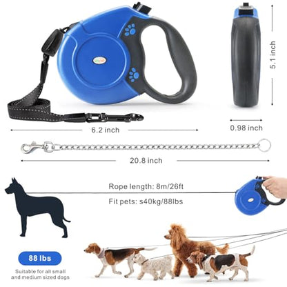 Idepet Heavy Duty Retractable Dog Leash for Small and Medium Dogs, Anti-Chewing Steel Chain Design,360 DegreeTangle-Free,Break and Lock System,26ft Leash Dog Walking (Blue, Round Rope) - color: Blue
