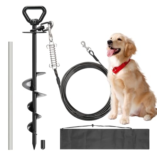 Tinnmao Heavy Duty Dog Tie Out Cable & Spiral Stake, 30 FT Tether with 15.7" (40cm) 12mm Coated Carbon Steel Screw-in Anchor (7cm Helix), Dual Swivel + Shock Spring, Outdoor Tie Out for Yard & Camping