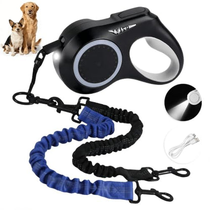 16.4ft LED 360° Dual Retractable Dog Leash for Medium Dogs 35–55 lbs, USB Rechargeable LED Light, 360° Tangle-Free, Detachable Front Lead & Emergency Ready, Reflective Elastic(Black) - color: Black