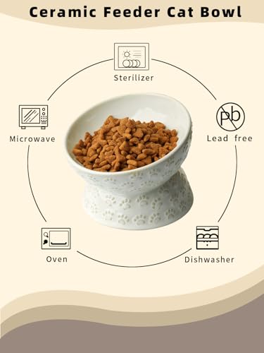 GDCZ Ceramic Tilted Elevated Cat Bowl, for Fat Faced Cat, Kitten (White) | 15° Tilted Elevated Design,5oz Small Meal Capacity,Chin-Friendly Ceramic,Paw Print - color: White