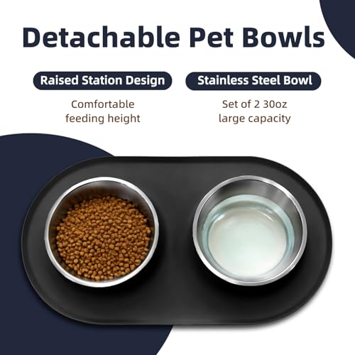 Double Stainless Steel Cat Food Bowls with Non-Slip Silicone Mat, Double Pet Feeder for Food & Water, Spill Proof Cat Dish Set for Small Medium Dogs & Cats, 1.5 Cups Each Bowl, Black Mediun - color: Black