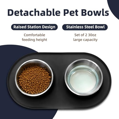 Double Stainless Steel Cat Food Bowls with Non-Slip Silicone Mat, Double Pet Feeder for Food & Water, Spill Proof Cat Dish Set for Small Medium Dogs & Cats, 1.5 Cups Each Bowl, Black Mediun - color: Black