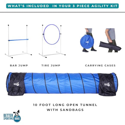 Better Sporting Dogs 3 Piece Essential Dog Agility Equipment Set | Agility Jump | Tire Jump | 10’ Tunnel with Sandbags