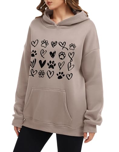 Womens Dog Paw Hoodie-Long Sleeve Pullover Fleece Lined Dog Mom Sweatshirts with Pocket - color: A-grey Brown, size: Large