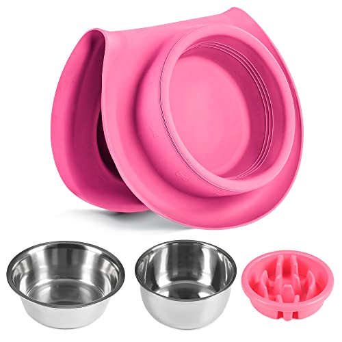 100% Waterproof BPA Free Pet Dog Bowls2 Stainless Steel（53oz+27oz） with 1.35“ Raised Edge Silicone Mat + Slow Feed Dog Water and Food Bowls for Feeding Large Dogs Cats Puppies (Pink) - color: Pink