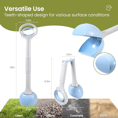 Dog Pooper Scooper Portable with Bag Attachment, One Handed Foldable Design, Includes 120 Waste Bags and Dispenser, 28 Inch Handle for Grass Yard Gravel Cleanup (Blue) - color: 28in + Blue + 120 garbage bags + dispenser