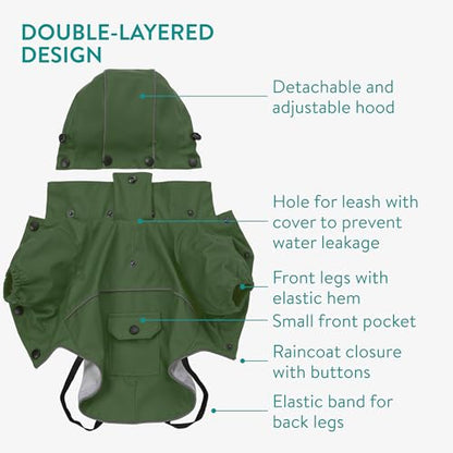 Navaris Hooded Dog Rain Jacket - Dog Raincoat Waterproof - Water-Resistant Rain Coat with Removable Hood - Raincoats with Sizes for Small Medium & Large Dogs - M Green
