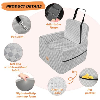 Dog Car Seat for Small and Medium Dogs Up to 35 lbs –Memory Foam Dog Booster Seat with Safety Leash & Storage Pockets, Fits Front & Back Car Seats, Removable Washable Cover – Gray - color: Small-Gray