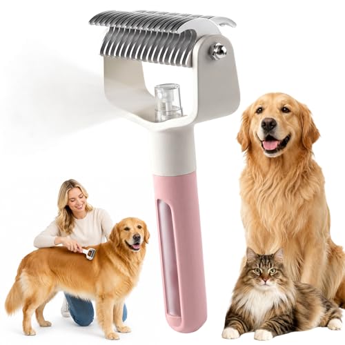 Dual-Sided Pet Grooming Comb,2‑in‑1 Professional Brush Deshedding Dog Brush with Spray Design, Dematting Comb Undercoat Rake for Long Haired Pet Grooming Tool - color: Pink