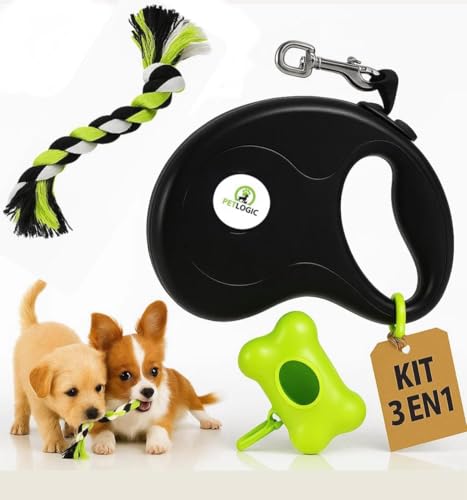 Retractable Dog Leash for Small and Medium Dogs, 3 in 1 Kit with Waste Bag Dispenser & Rope Toy, Controlled Walking Leash