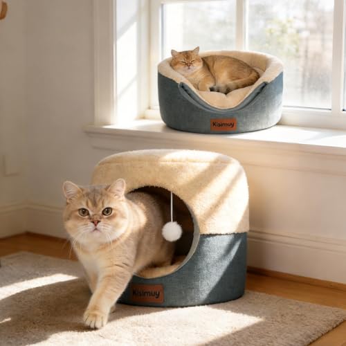 2-in-1 Foldable Cat Bed for Indoor Cats, Cat Cave & Sofa Bed | 17.7"D x 13.8"H, Reversible Plush & Linen Cushion,Enclosed Cat Bed, Hanging Cat Toys, Non-Slip, Small Dog Bed, Grey - color: Grey, size: M-1Pack:17.5"Lx17.5"Wx13.5"H