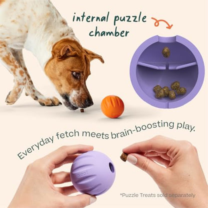 WOOF Flyball - 2-in-1 Fetch Ball and Dog Treat Dispenser Toy - Interactive Puzzle for Enrichment - Fits Standard Ball Launchers - Durable, Tooth-Friendly Rubber - The Perfect Dog Gift - 3 Pack