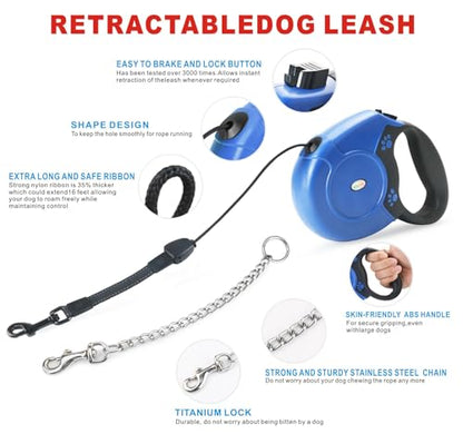Idepet Heavy Duty Retractable Dog Leash for Small and Medium Dogs, Anti-Chewing Steel Chain Design,360 DegreeTangle-Free,Break and Lock System,26ft Leash Dog Walking (Blue, Round Rope) - color: Blue