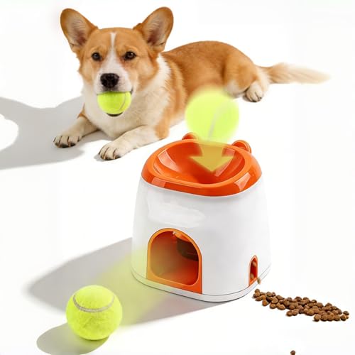 2-in-1 Dog Tennis Ball Launcher & Treat Dispenser, Interactive Spring-Loaded Fetch Toy with Snack Storage, Mental Stimulation & Exercise Toy for Small to Medium Dogs (Durable Tennis Ball Included) ﻿