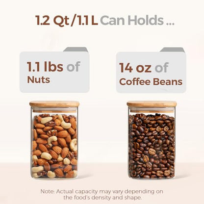 ComSaf 1.2 QT Glass Storage Containers with Lids, Glass Jars with Lids, Clear Food Jar, Square Canister Set of 6, Pantry Organizers and Storage for Cookie Flour Oat Pasta Tea Coffee Bean - size: 1.2Qt*6