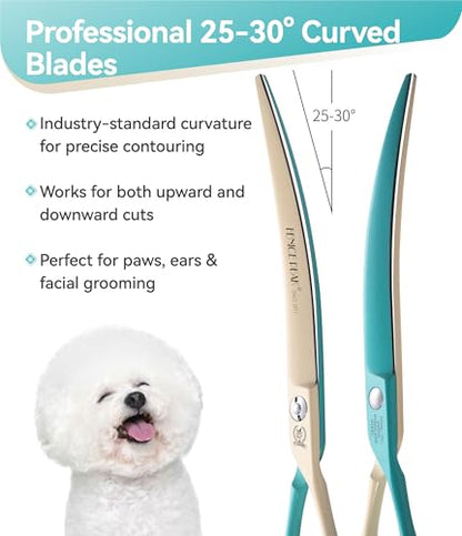 Curved Dog Grooming Scissors with Coating 440C Stainless Steel, 7 inch Professional Curved Shears Dog Grooming，25 Degree of Curved Blade，Pet Shear for Trimming Face and Paws, Green & White - color: Green&white