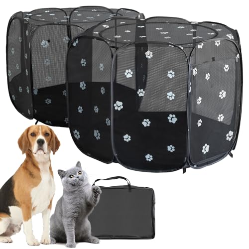 2-in-1 Cat Playpen, Pop Up Dog Pet Playpen for Indoor Outdoor Cats Enclosed, Portable Pet Playpen, Kitten Puppy Foldable Play Pen Cat Dog Tent Crate Cage Kennel(No Divider, Unified Space) - color: Black Mesh, size: L, 83.5"L x 41.4"W x 32.3"H