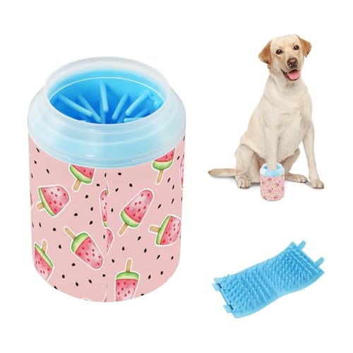 Watermelon Pink Pattern Dog Paw Cleaner Cup with Soft Silicone Brush, Portable Small Lightweight Muddy Paw Washer for Dogs, Easy to Use Pet Foot Cleaner