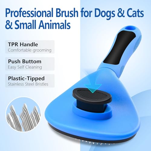 Self Cleaning Slicker Brush for Dogs & Cats, Deshedding Tool with Ergonomic Non-Slip Handle, One Button Hair Removal, Blue