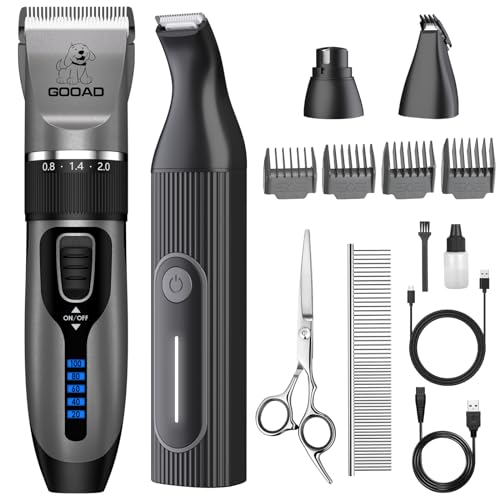 Dog Clippers Grooming Kit Hair Clipper -4 in 1Low Noise -Rechargeable-Cordless Quiet Paw Trimmer Nail Grinder, Trimmer Grooming for Thick Hair&Coats,Pet Shaver for Small and Large Dogs Cats - color: Gray & Black