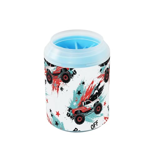 Monster Truck White Print Dog Paw Cleaner Cup with Soft Silicone Brush, Portable Lightweight Small Muddy Paw Washer for Dogs, Easy to Use Pet Foot Cleaner