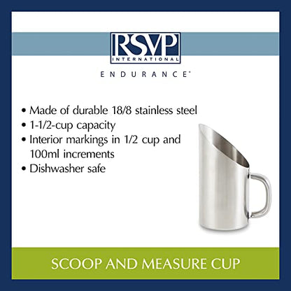 RSVP International Endurance Kitchen Collection Measuring Tools, Dishwasher Safe, Scoop & Measure, Stainless Steel - size: 1.5 cups Scoop (Pack of 1)