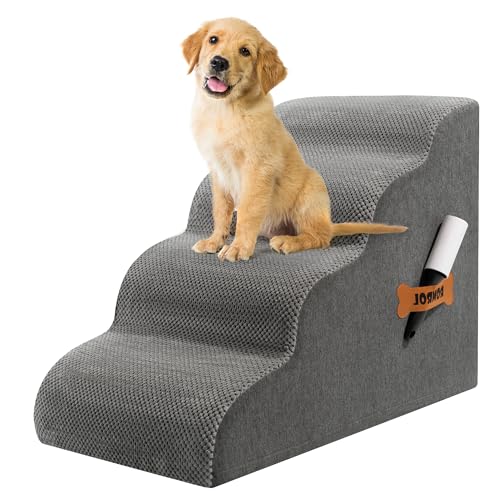Dog Stairs, Romrol Dog Steps Ramp for High Bed and Couch, Dogs Ramp with Durable Non-Slip Waterproof Fabric Cover, Pet Stairs for Small Dogs and Cats or Pets Joints, 4-Tiers,Grey
