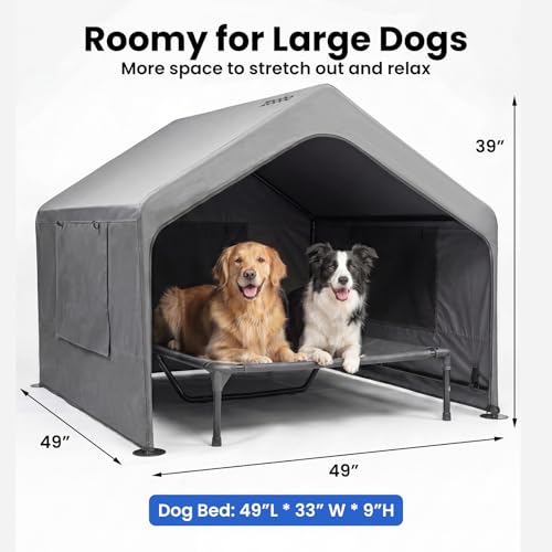 Zooba Extra Large Dog Shade with Elevated Bed, Outdoor Dog House for Large Breeds, 4’×4’×3.3’ Dog Shelter with Canopy, Dog Tent for Outside, 2-in-1 Separate Design, Grey