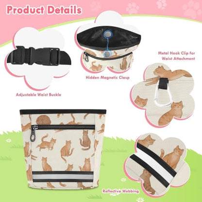 Cats Water-Resistant Dog Treat Pouch, 3 Ways to Wear Treat Bag with Magnetic Closure & Reflective Strip, Hands-Free for Pet Training, Walking