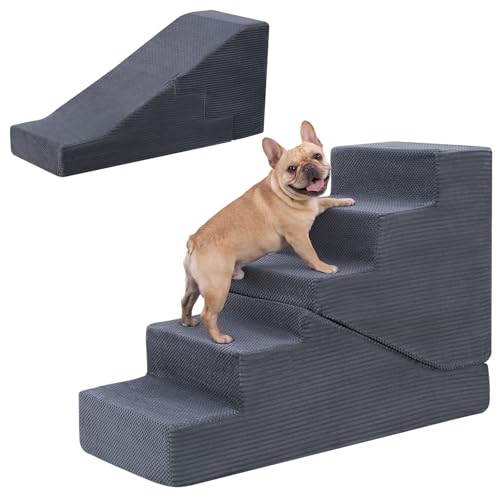 Dog Ramp for Bed Couch, 25.6" H Dog Stairs for Small Dogs | 2 in 1 Transformable 5-Step Pet Steps for Bed, Foldable Cats Ramp to Get on Bed, Non-Slip Balanced, Grey - size: 15.7 X 35.3 X 25.6 In