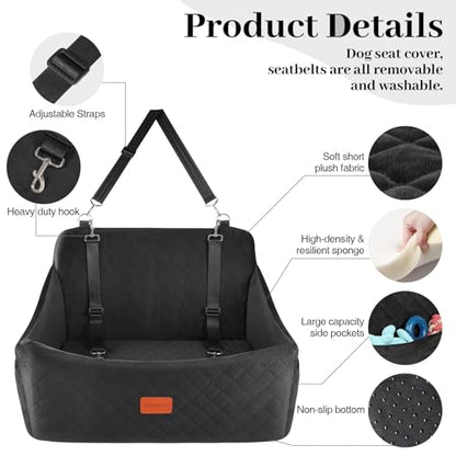 Wooaidagg Dog Car Seat for Medium & Large Dogs Up to 55lbs, Memory Foam Cushion, Washable Cover, Safety Straps & Non-Slip Bottom(Black,Large) - color: Black