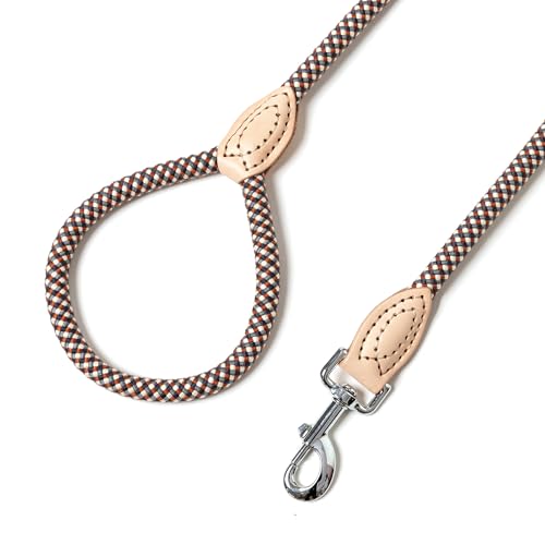 Mile High Life Dog Leash, Rope Leash with Genuine Leather Connection and Heavy Duty Metal Clasp, Great for Small Medium Large Dogs(Brown Check,48 Inch) - color: Rope Handle-Brown Check, size: 48 Inch-1/2"