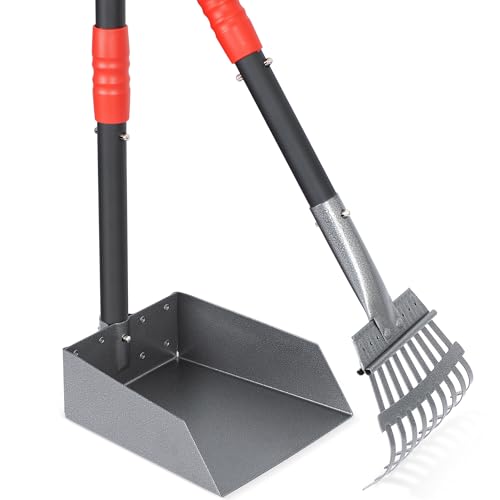 Heeyoo Dog Pooper Scooper, Dog Poop Tray and Rake Set, Pet Waste Removal Scoop with Long Adjustable Sectional Stainless Handles - color: Black/Red