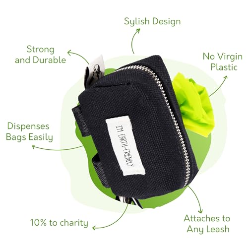 Black Poop Bags Holder - 10% to Charity - Strong Quality Zipper - Virgin Plastic Free - Black Dispenser with Secure Carabiner