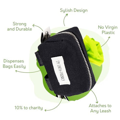 Black Poop Bags Holder - 10% to Charity - Strong Quality Zipper - Virgin Plastic Free - Black Dispenser with Secure Carabiner