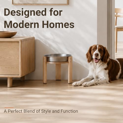 Elevated Slow Feeder Dog Bowl for Medium Dogs, Adjustable Raised Dog Bowl Stand with Stainless Steel Slow Feed Bowl, Reduces Choking & Improves Digestion, Non-Slip Bamboo Stand - color: natural