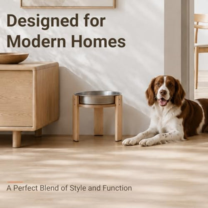 Elevated Slow Feeder Dog Bowl for Medium Dogs, Adjustable Raised Dog Bowl Stand with Stainless Steel Slow Feed Bowl, Reduces Choking & Improves Digestion, Non-Slip Bamboo Stand - color: natural