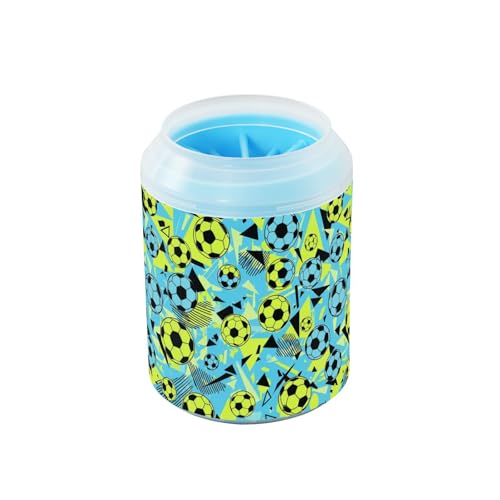 Sports Soccer Balls Blue Print Dog Paw Cleaner Cup with Soft Silicone Brush, Small Portable Lightweight Muddy Paw Washer for Dogs, Easy to Use Pet Foot Cleaner
