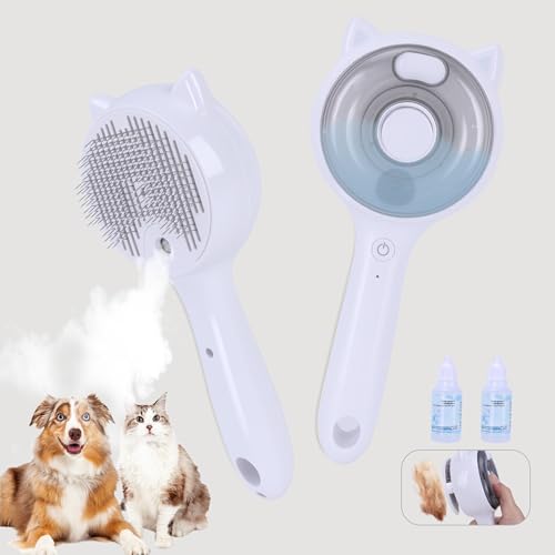 Pet Steam Brush for Cats & Dogs ，3-in-1 Pet Grooming Comb，Reduces Shedding, Soft Bristles, Promotes Healthy Coat-Comes - Includes Waterless Shampoo，White - color: White