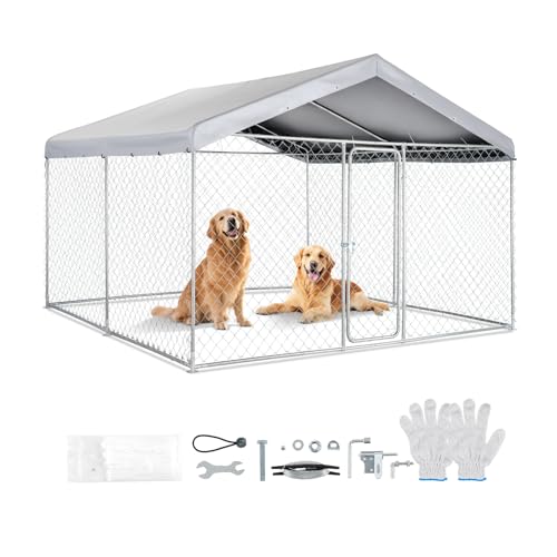 VEVOR Outdoor Dog Kennel, 9.84 x 9.84 x 7.05 ft Large Dog Kennel with Secure Lock, Outside Dogs Enclosures with UV-Resistant & Waterproof Roof Cover, Heavy Duty Pet Crate Cage Run for Large Dogs - size: 118.1"L x 118.1"W x 84.6"H
