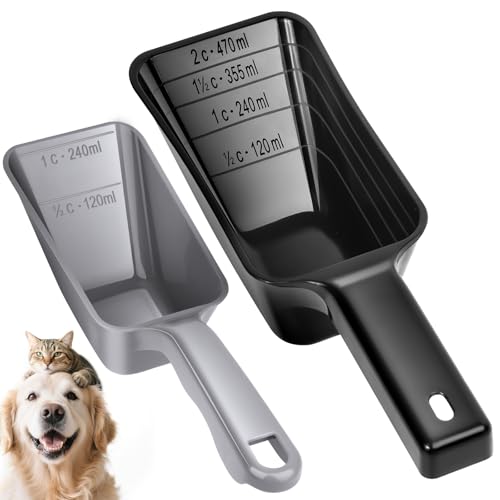 2 Pack Dog Food Scoop with 1 Cup and 2 Cup Capacity, Plastic Pet Food Measuring Scoops with Clear Measurement Lines for Dogs, Cats & More,Dishwasher safe (Grey and Black) - color: Grey and Black